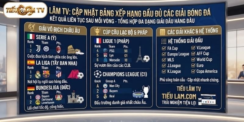 Web cập nhật đầy đủ bảng xếp hạng các giải bóng đá
